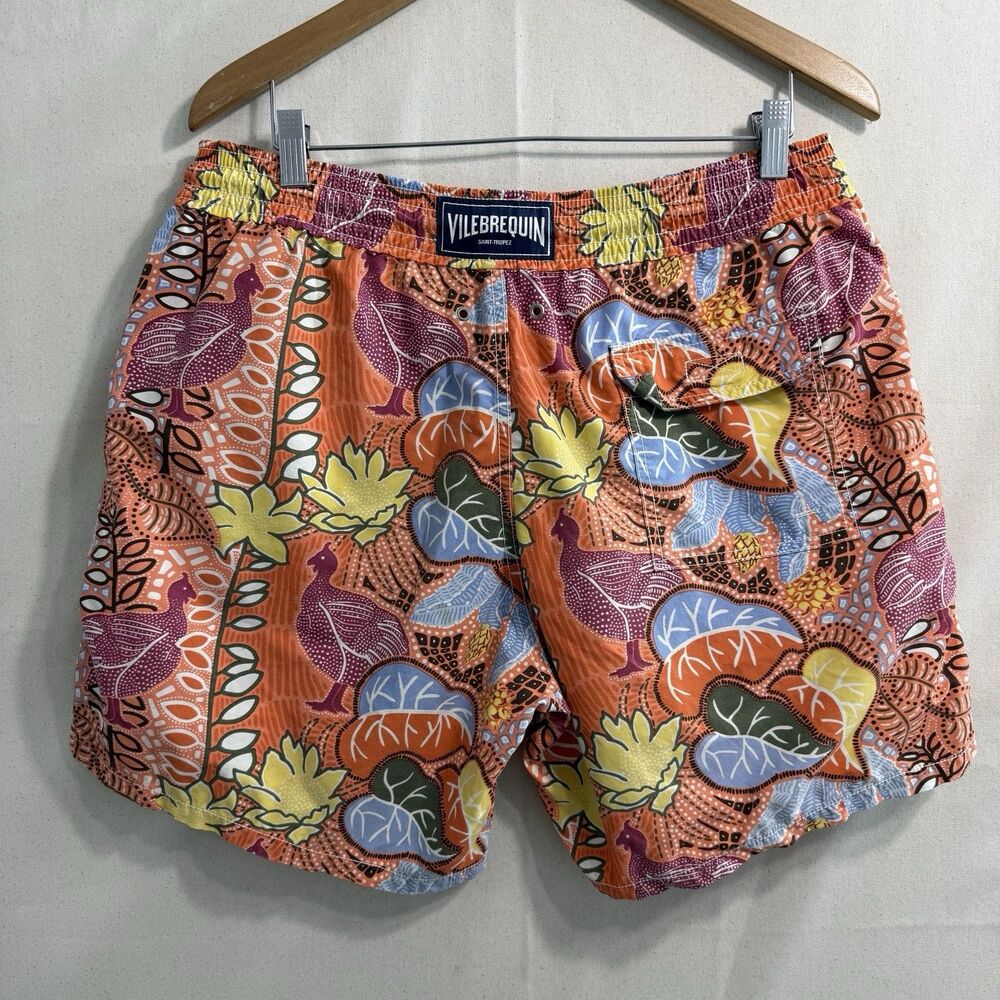 Vilebrequin Men XL Swim Trunks Orange Floral Tropical Board Shorts Saint Tropez